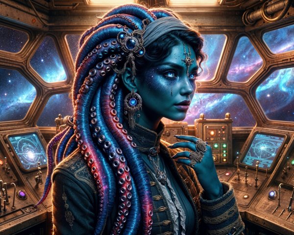 Futuristic woman with blue skin in spacecraft control room