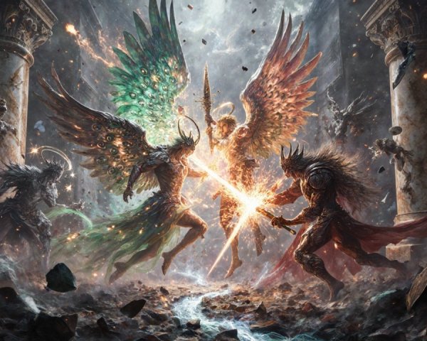 Celestial Battle of Winged Figures Amidst Storm Energy