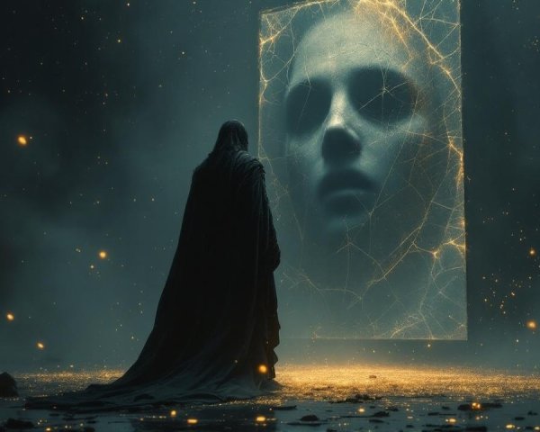 Mysterious Figure Before Luminous Cracked Mirror