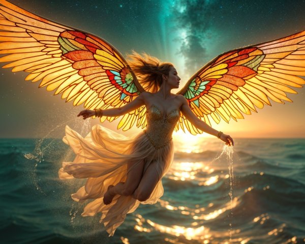 Woman with Stained-Glass Wings Soaring at Sunset