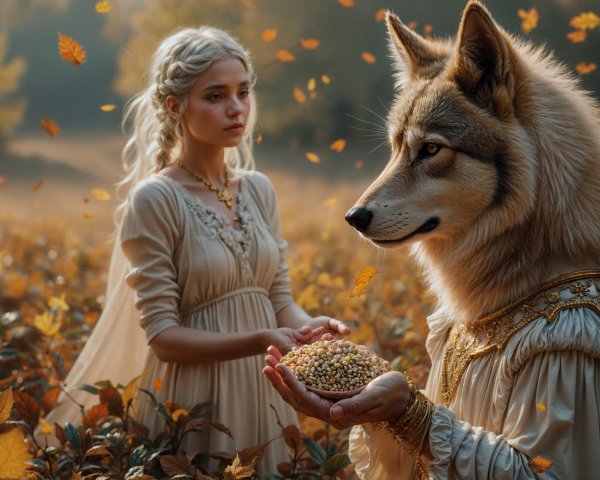 Autumn Landscape with Woman and Anthropomorphic Wolf