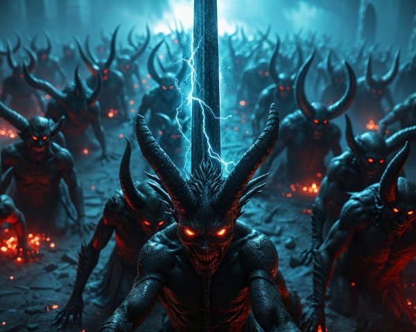 Demonic Figures Surround Lightning-Infused Spear