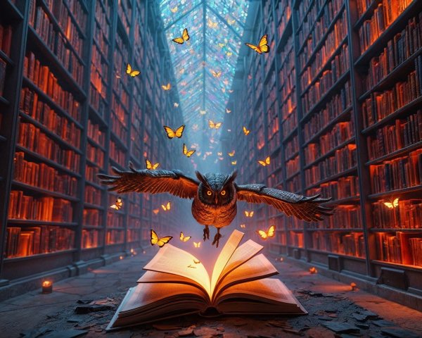 Owl and Butterflies in a Dimly Lit Library Scene