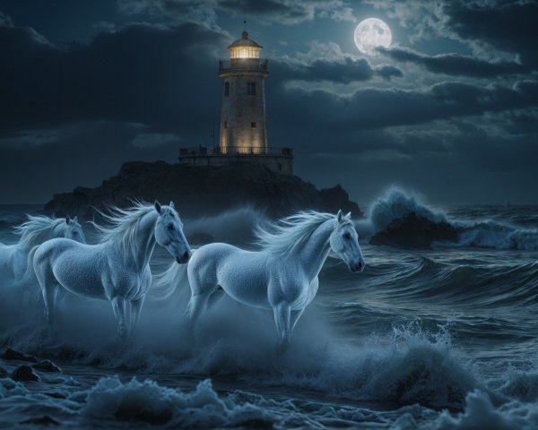 Mystical Scene of Horses Galloping by a Lighthouse