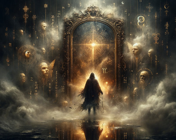 Mysterious Figure Before Ornate Glowing Mirror