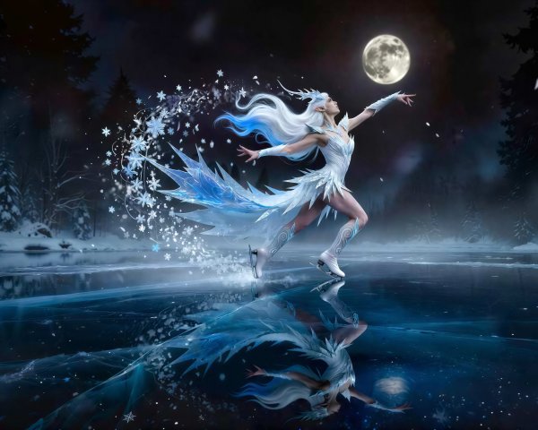 Digital painting of an ice queen skating at night