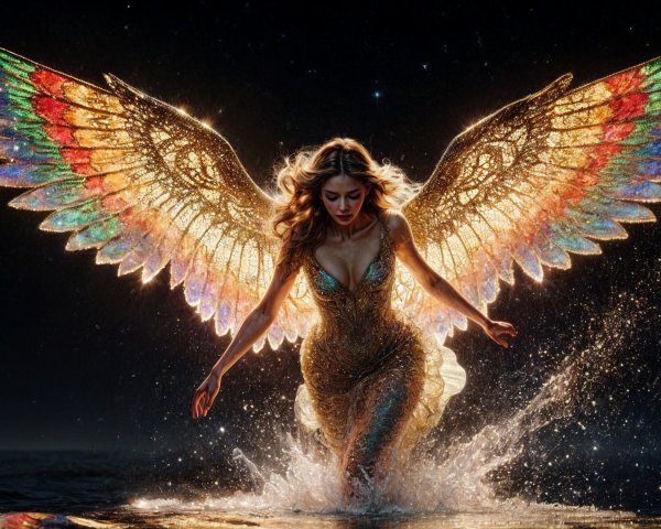 Celestial Figure in Gold Gown with Iridescent Wings