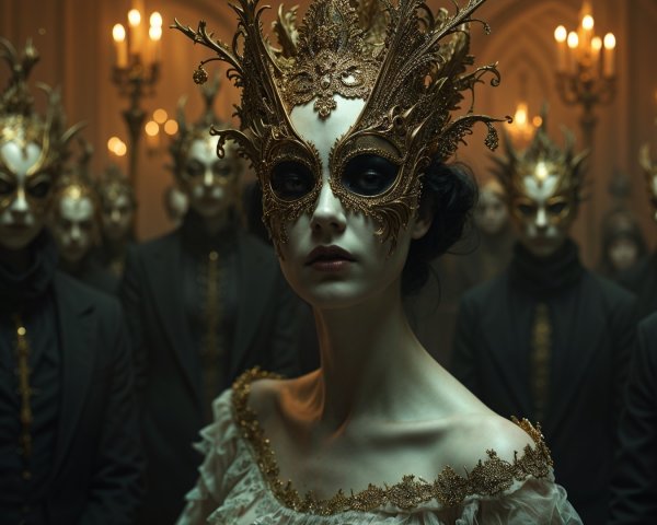 Masked Figures in Ornate Room with Candlelight
