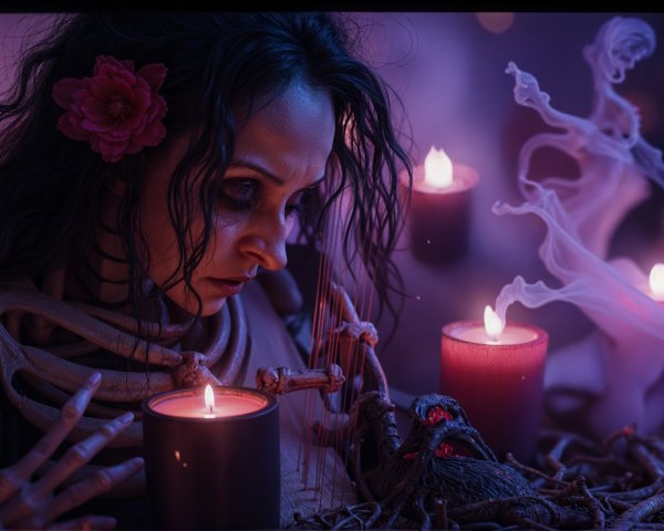 Mystical Scene with Woman in Skeletal Attire and Candles