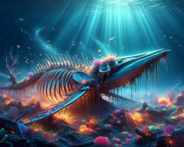 Whale Skeleton Surrounded by Coral and Marine Life