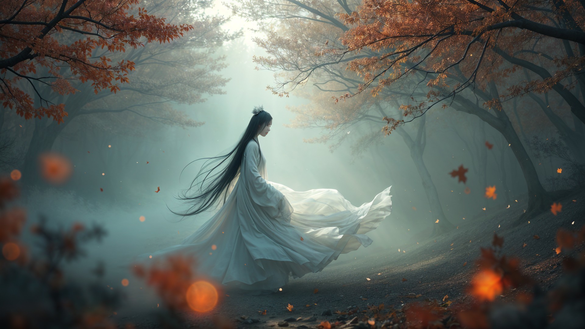 Ethereal Figure Twirling in Autumn Forest Setting