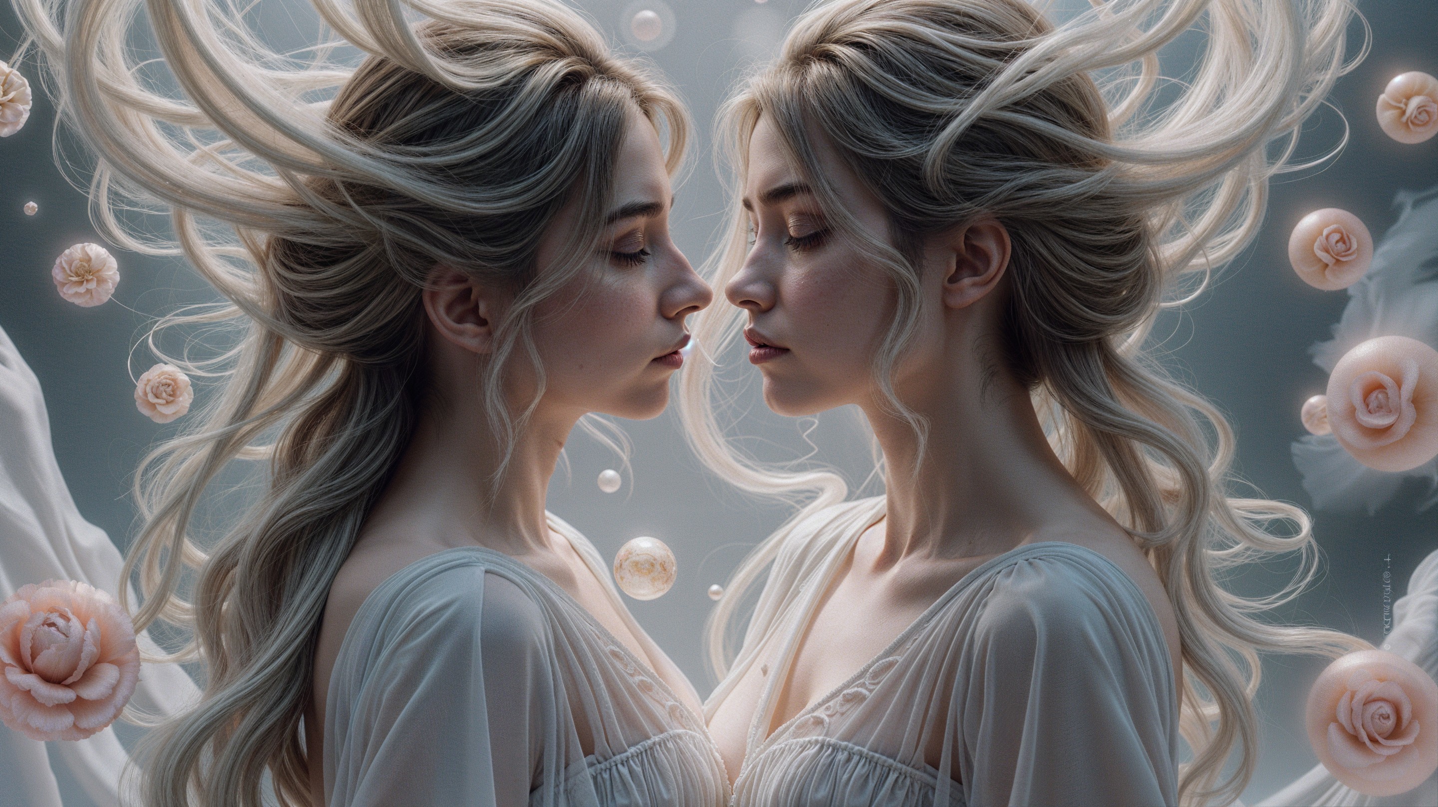 Mirrored Profiles of a Young Woman with Roses and Orbs