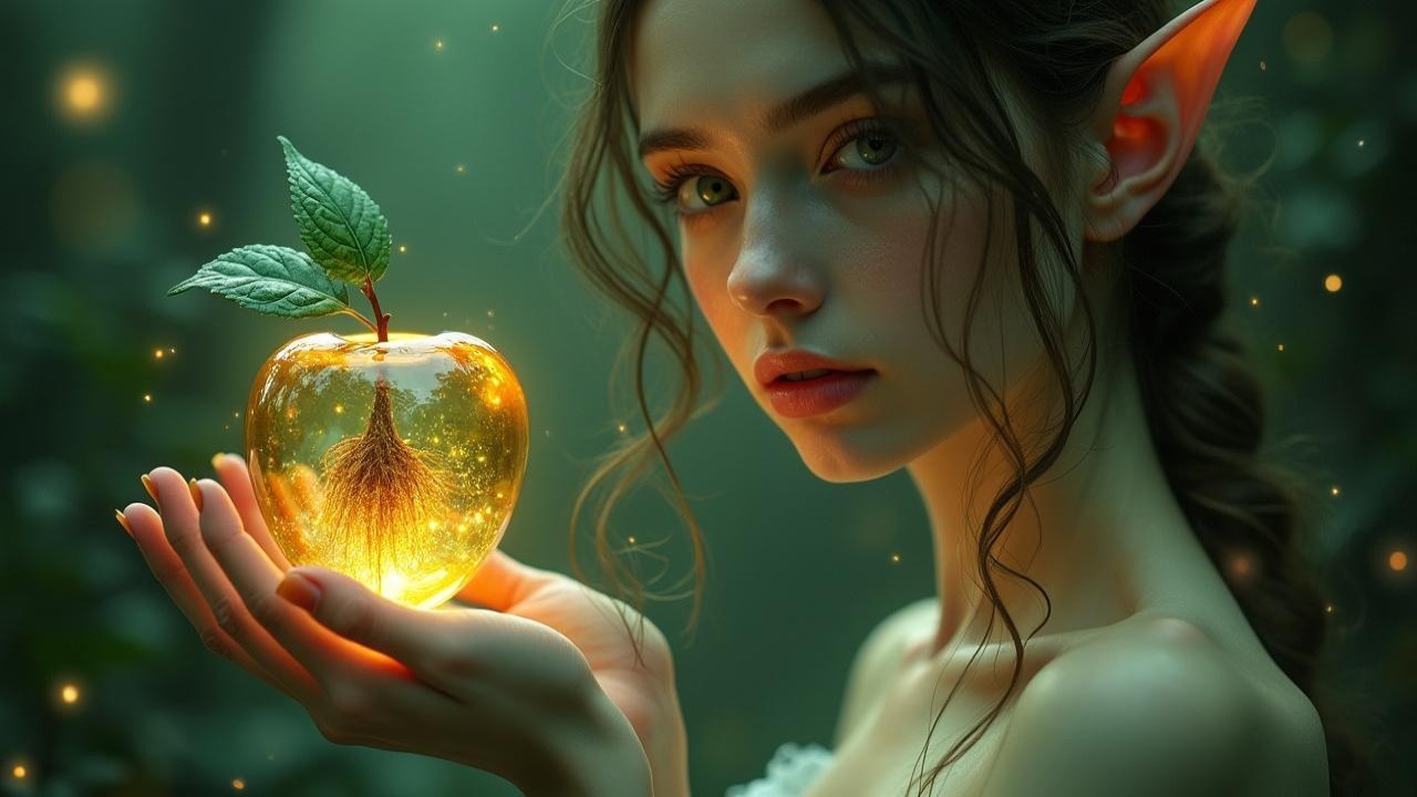 Mystical forest scene with ethereal woman and glowing apple