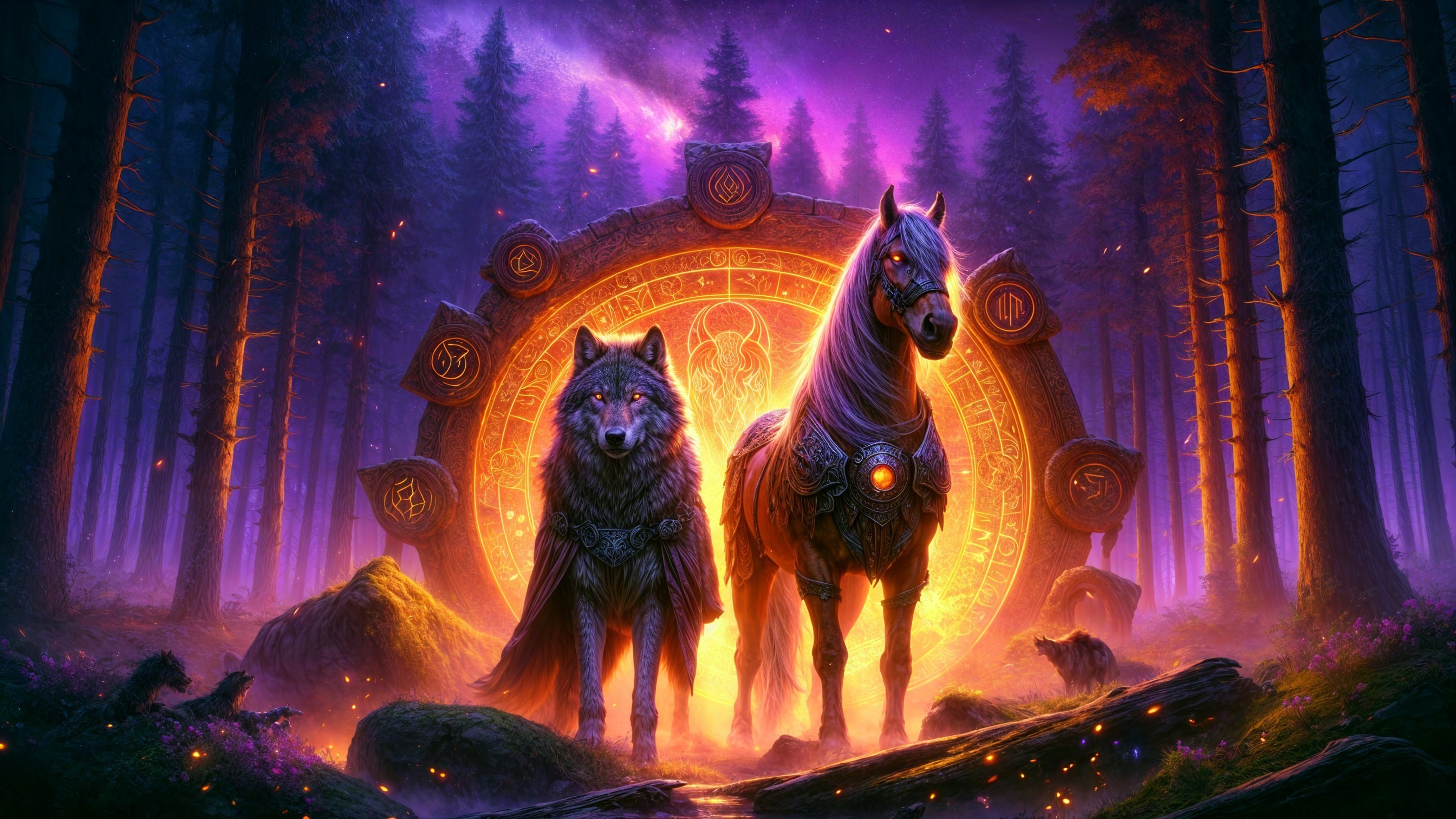 Fantasy Forest with Glowing Altar and Majestic Creatures