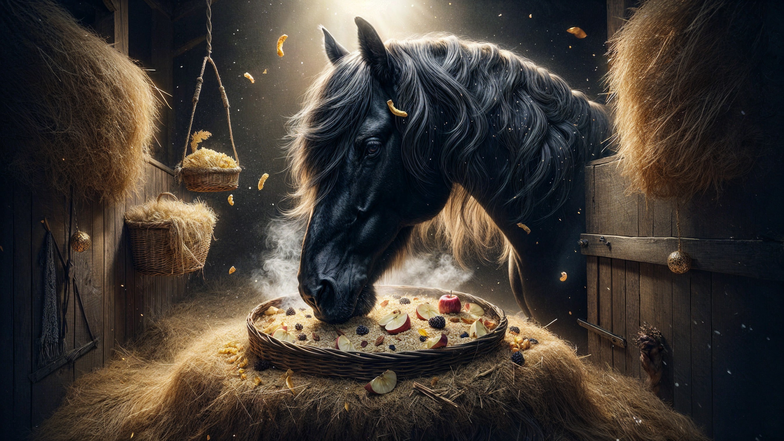 Black Horse by Rustic Table with Fruits and Nuts