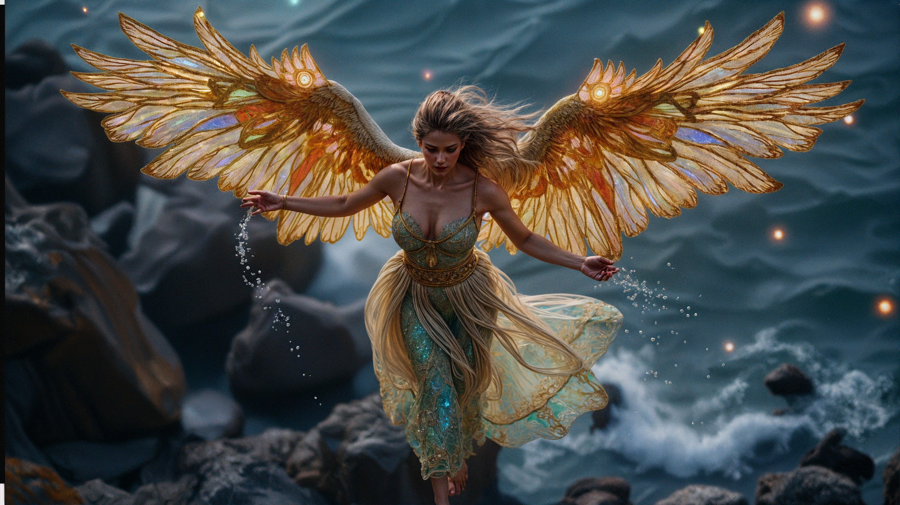 Mystical Figure with Golden Wings on Rocky Shoreline