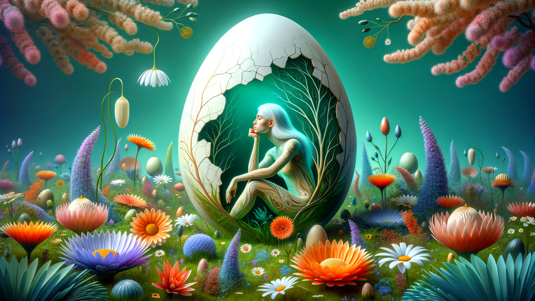 Vibrant Landscape with Cracked Egg and Serene Figure
