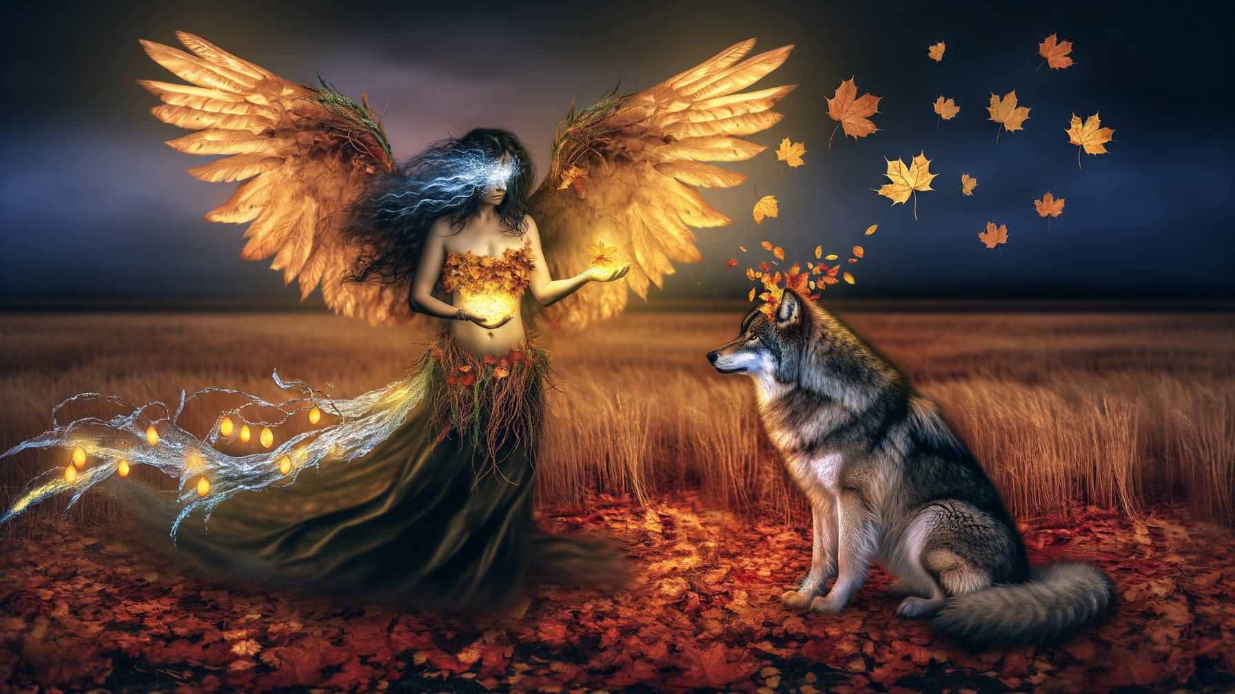 Mystical Autumn Landscape with Winged Figure and Wolf