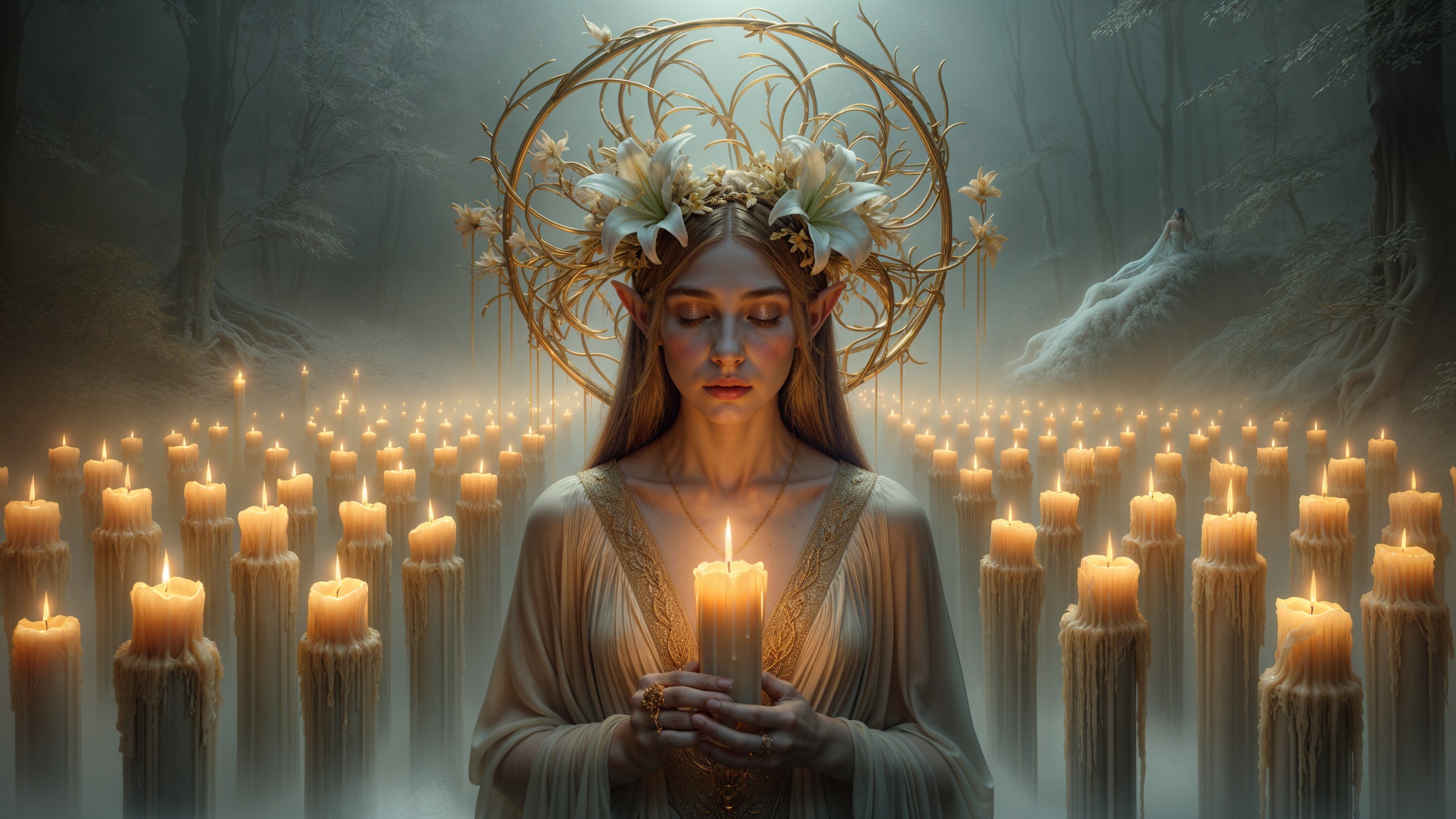 Mystical forest scene with serene figure and candles
