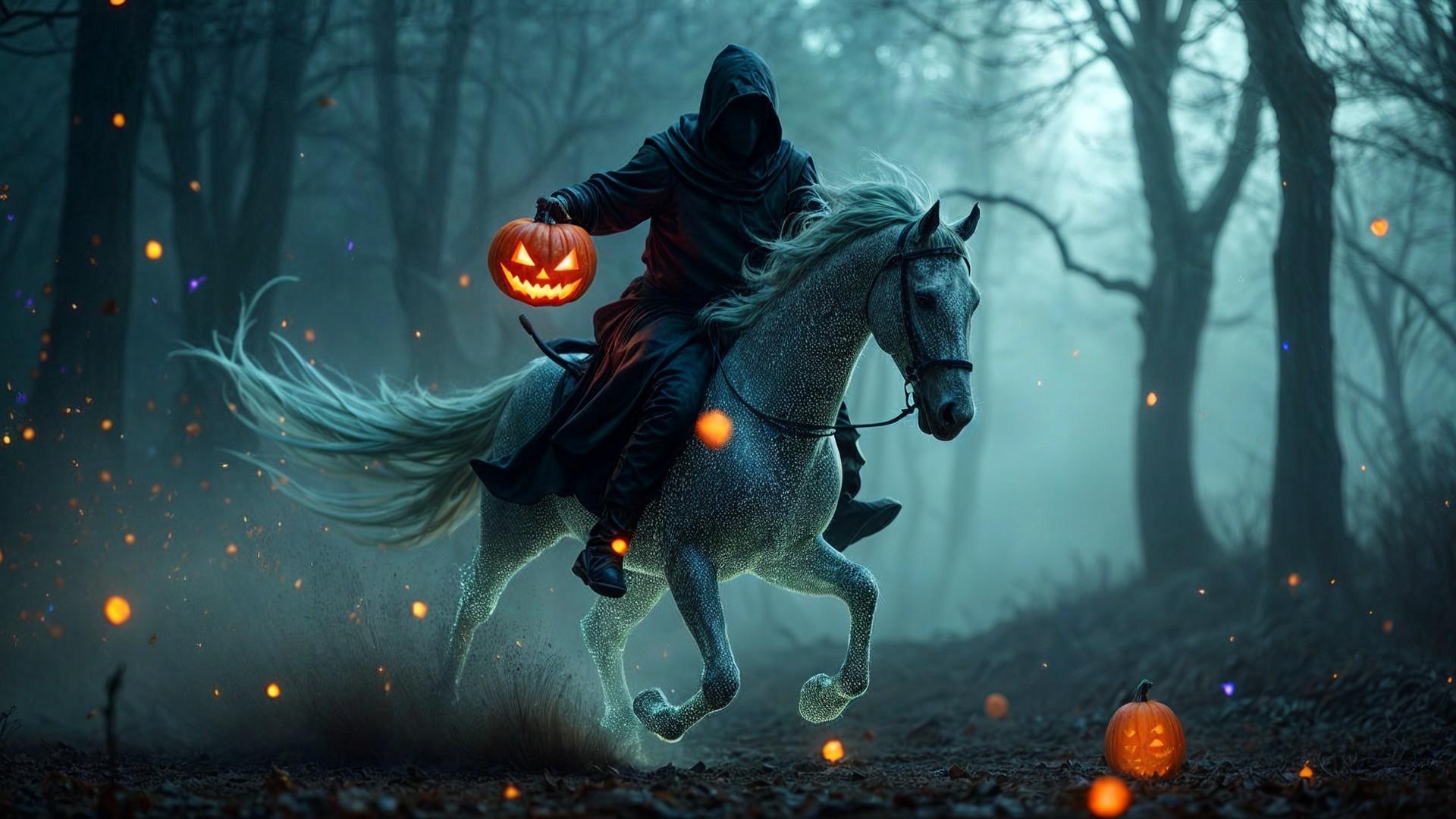 Cloaked Figure on White Horse in Misty Forest