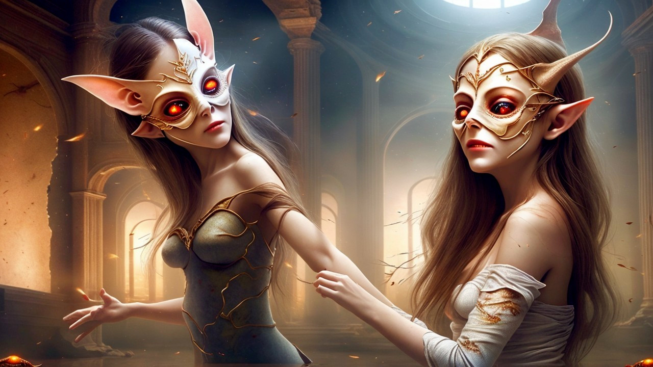 Ethereal Figures in a Grand, Decaying Hall