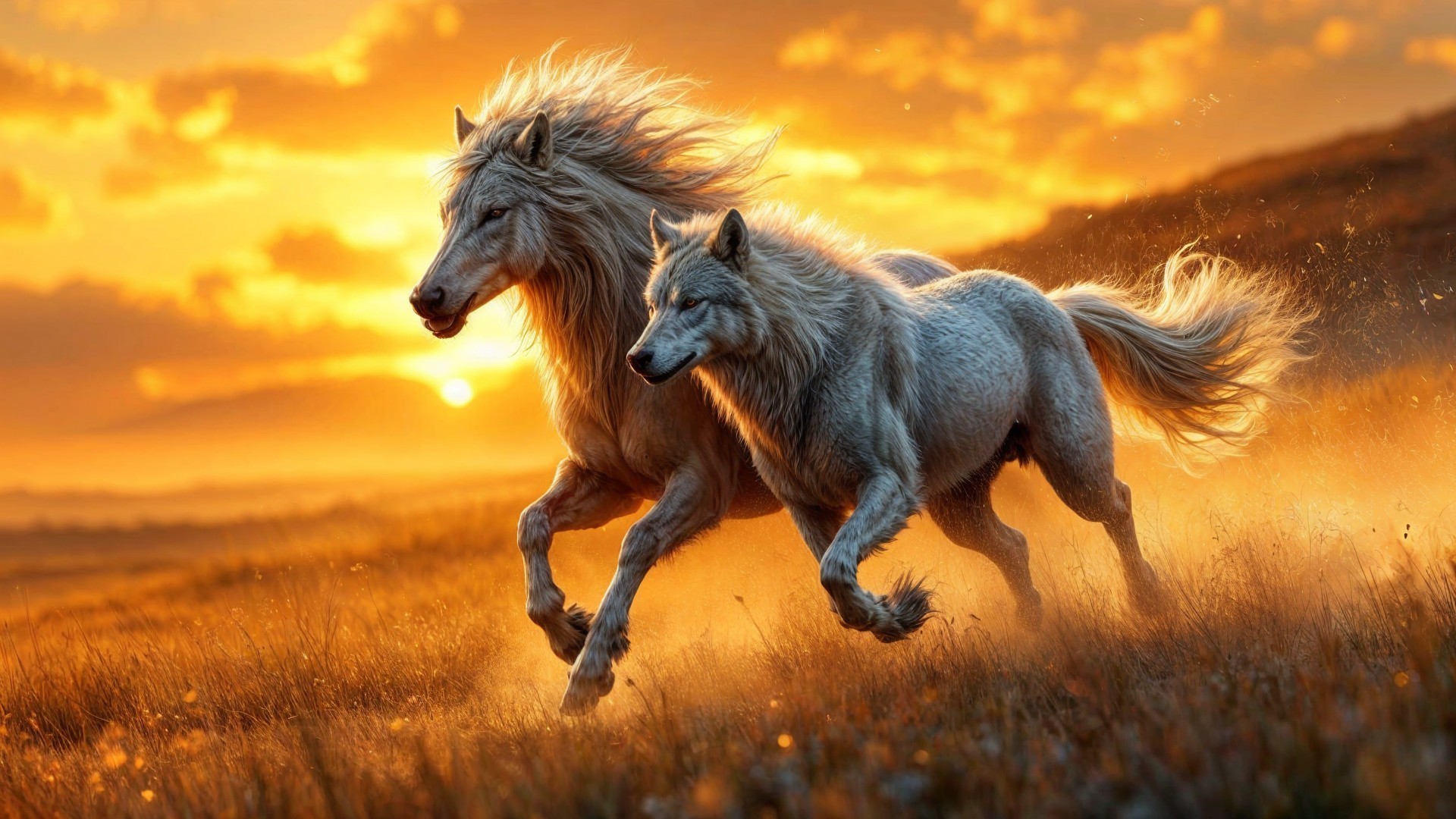 Horse and wolf running in a sunlit meadow scene