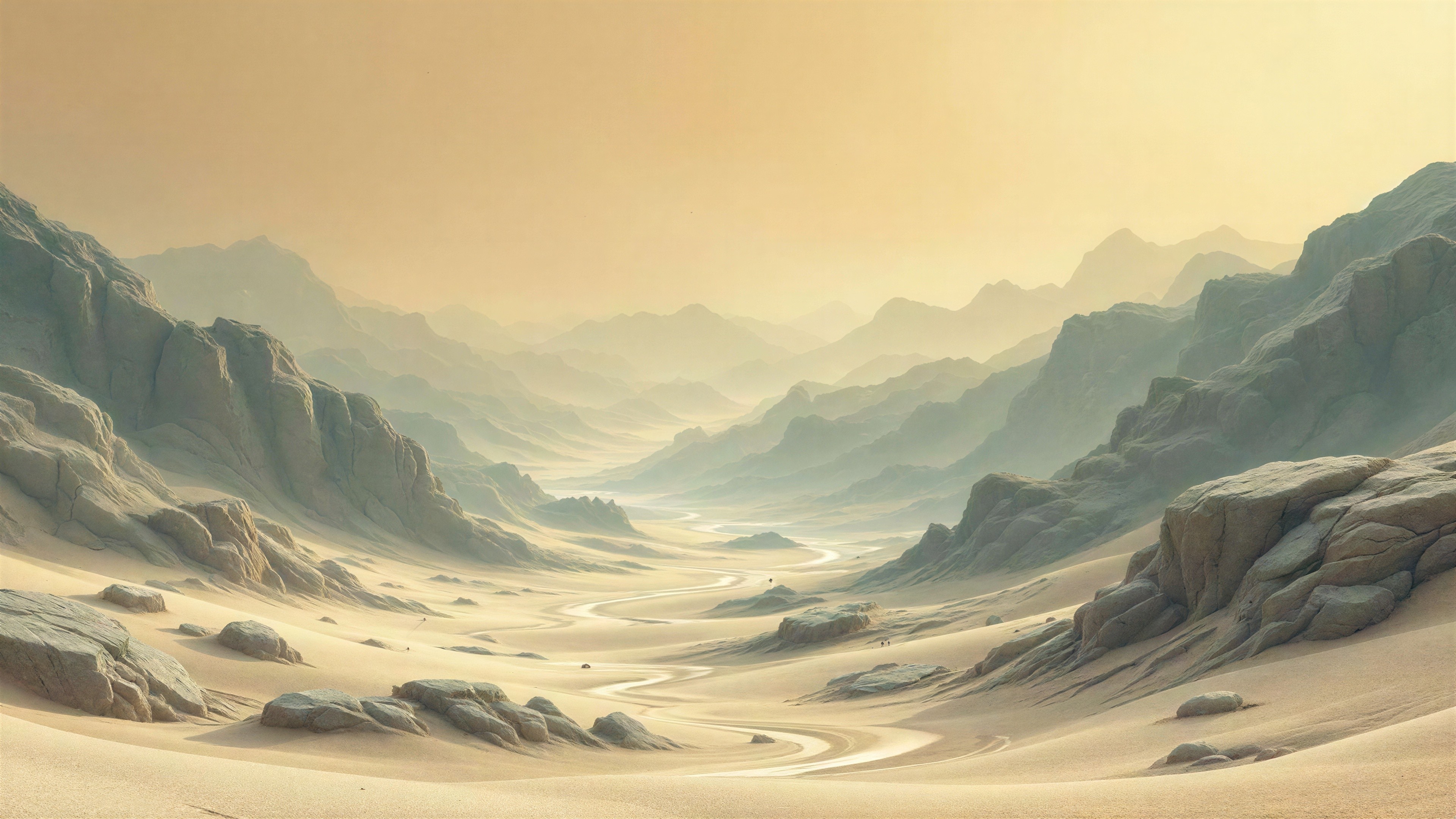 Desert Valley Landscape with Mountains and Golden Sky