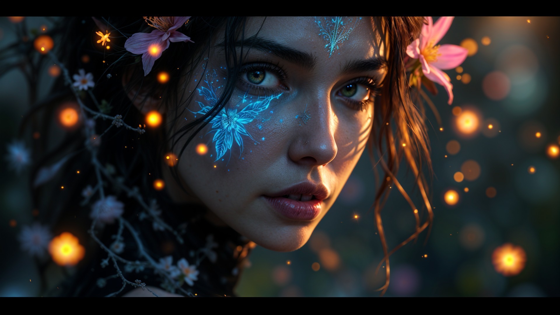 Close-Up Portrait of a Young Woman with Flowers