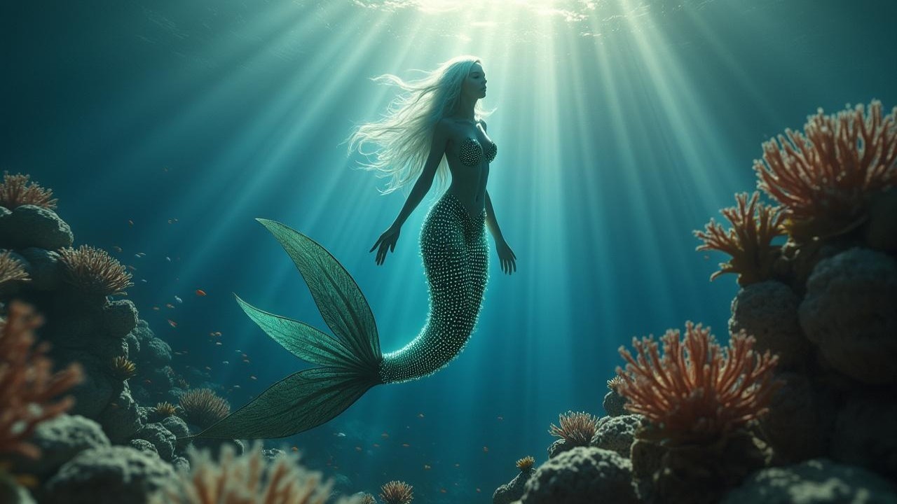Underwater Scene with Mermaid and Coral Reef