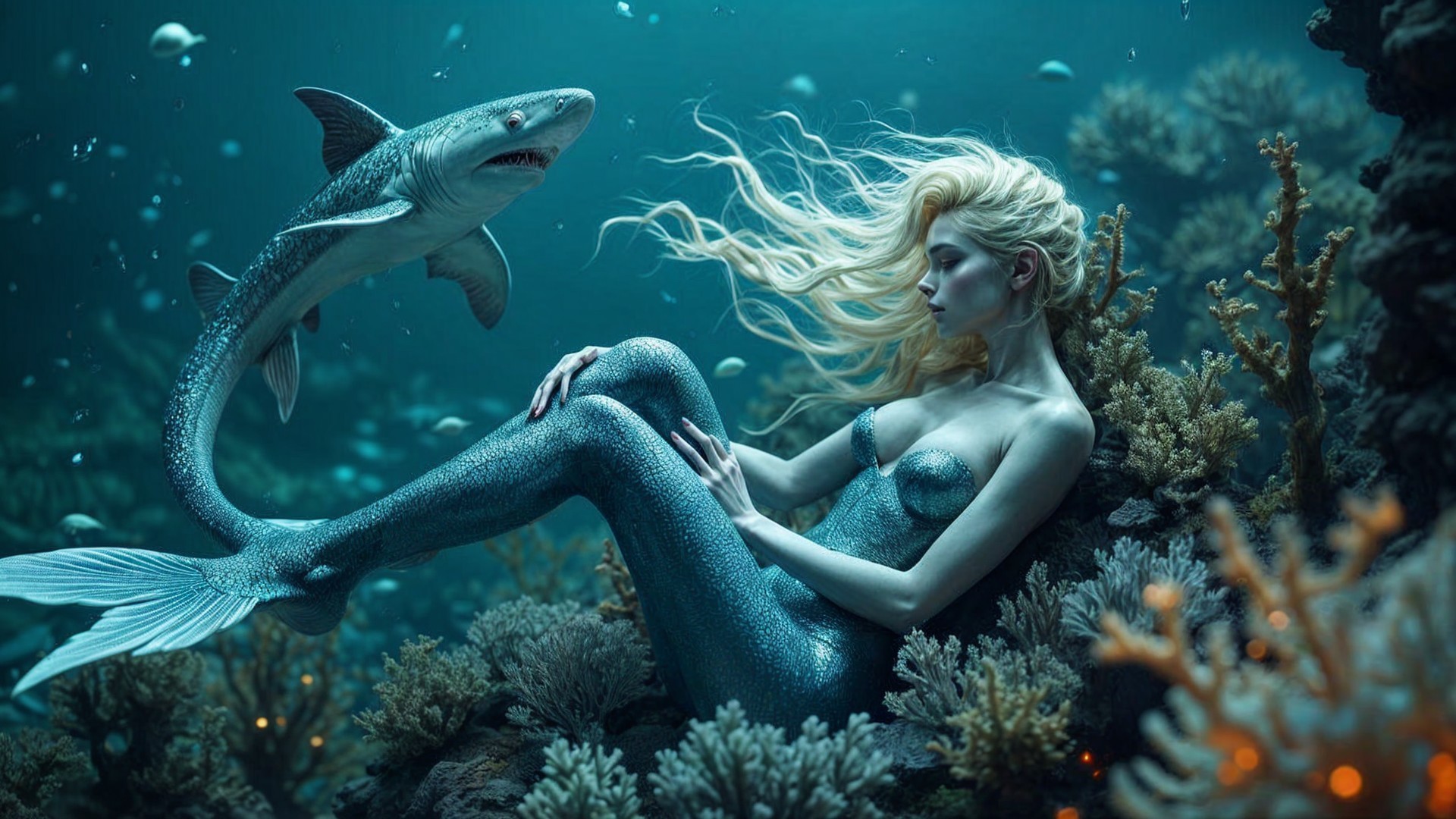 Mermaid in Coral Reefs with Shark and Marine Life