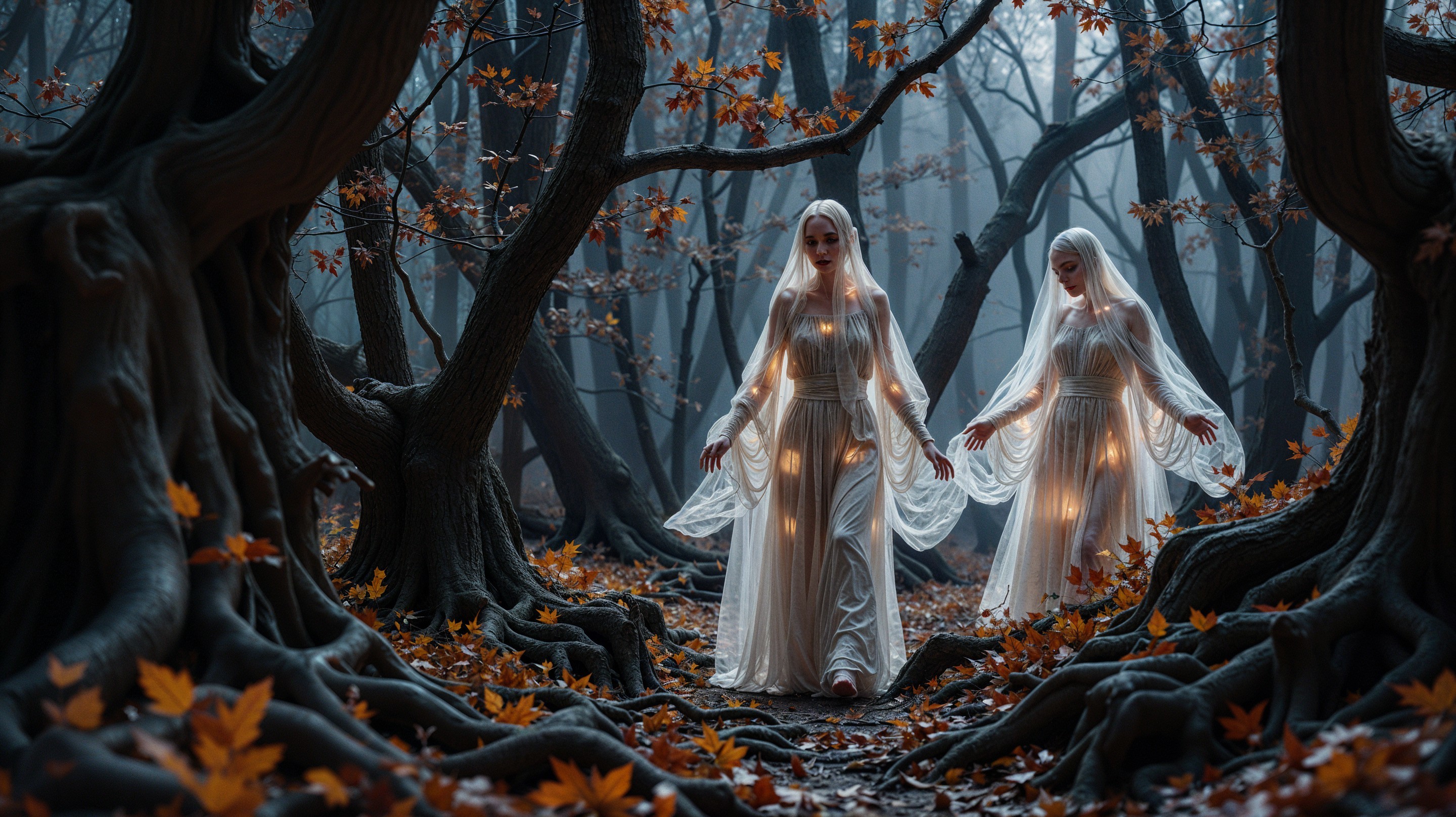 Ethereal Figures in Misty Forest with Twisted Roots