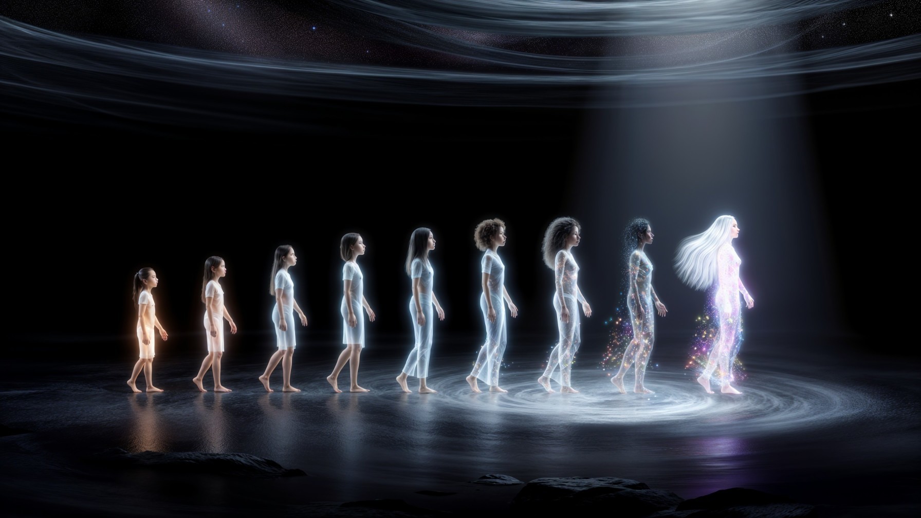 Ethereal Figures Depicting Life Stages in Cosmic Setting
