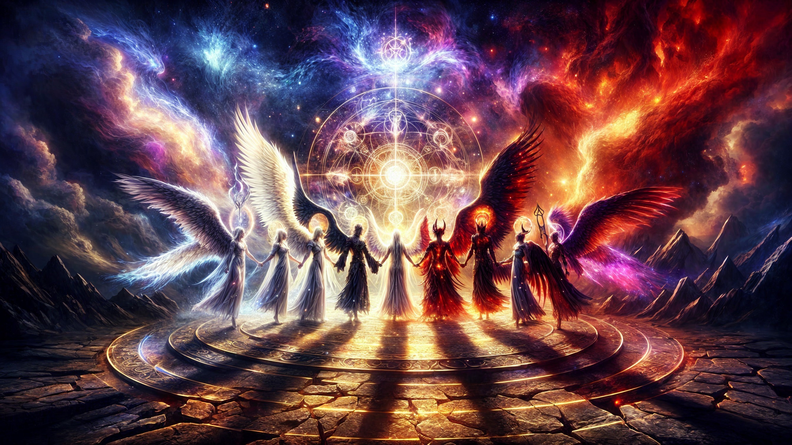 Ethereal Figures with Wings in Cosmic Scene