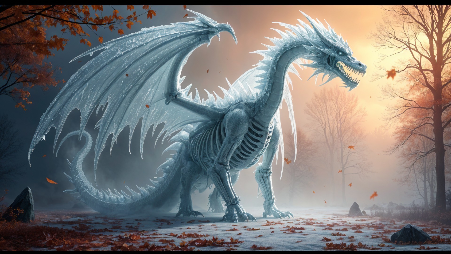 Skeletal dragon in misty landscape at sunset