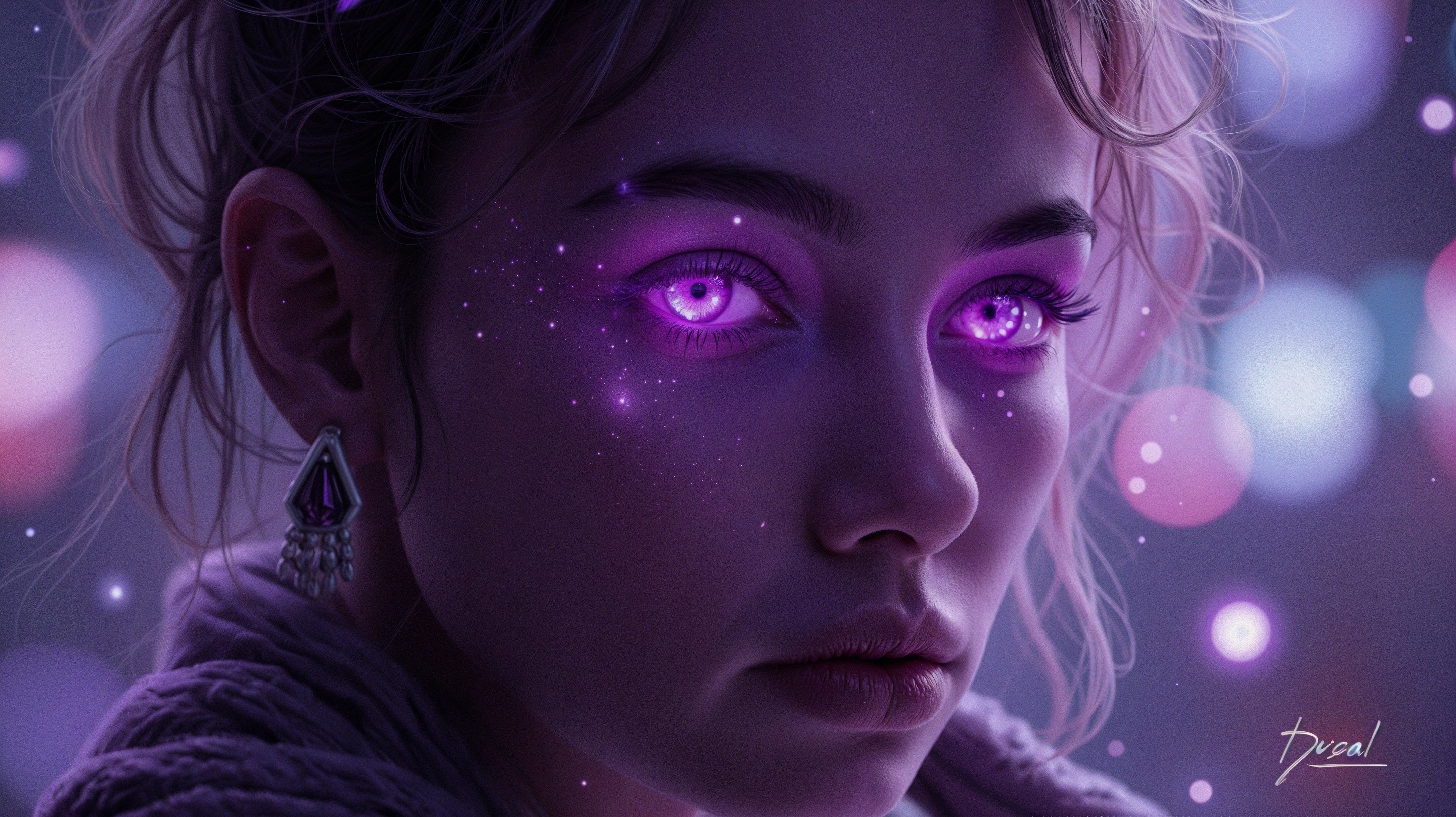 Close-Up Portrait of a Young Woman with Purple Eyes