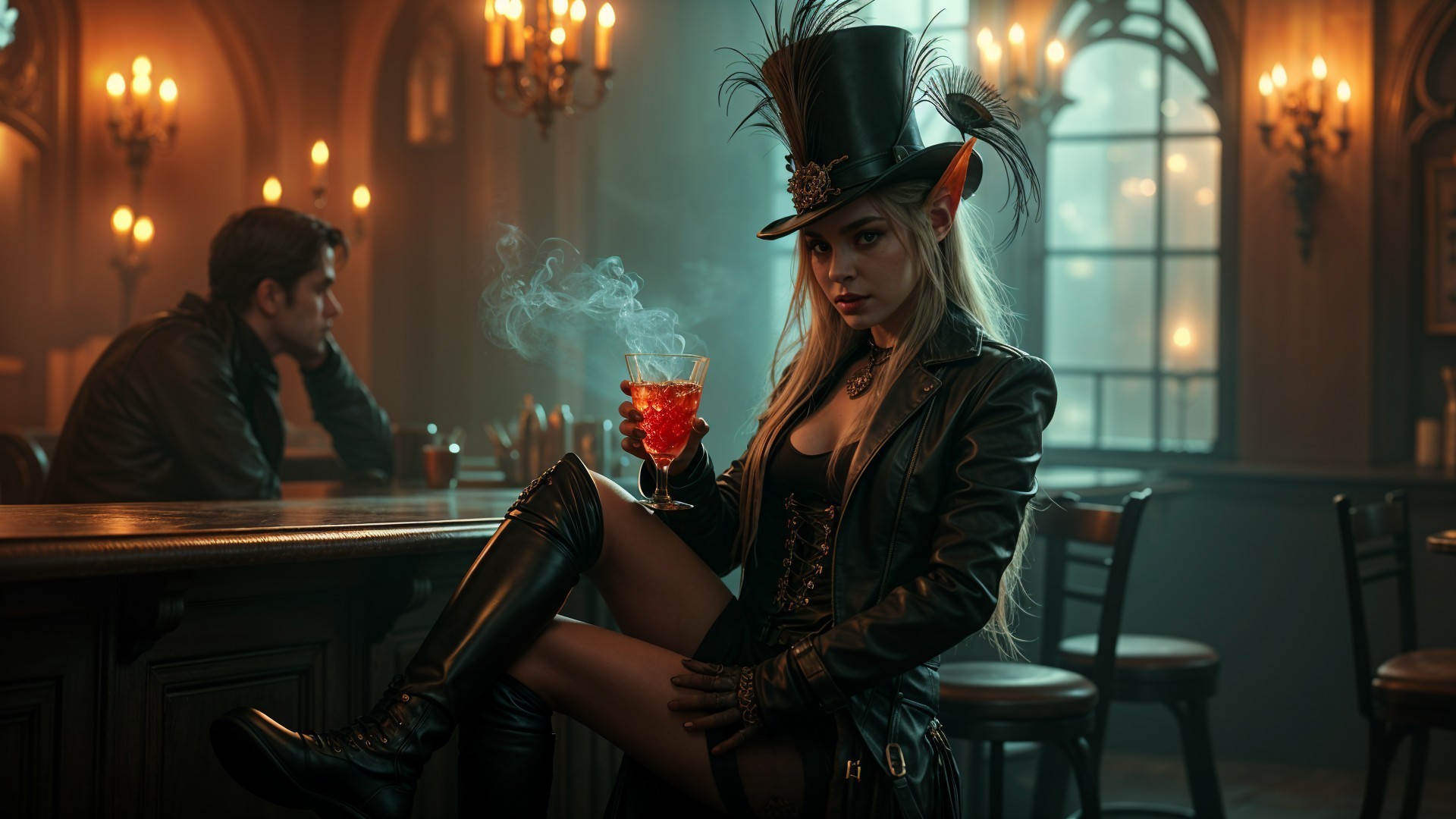 Mysterious Woman in Leather Outfit at Dim Bar