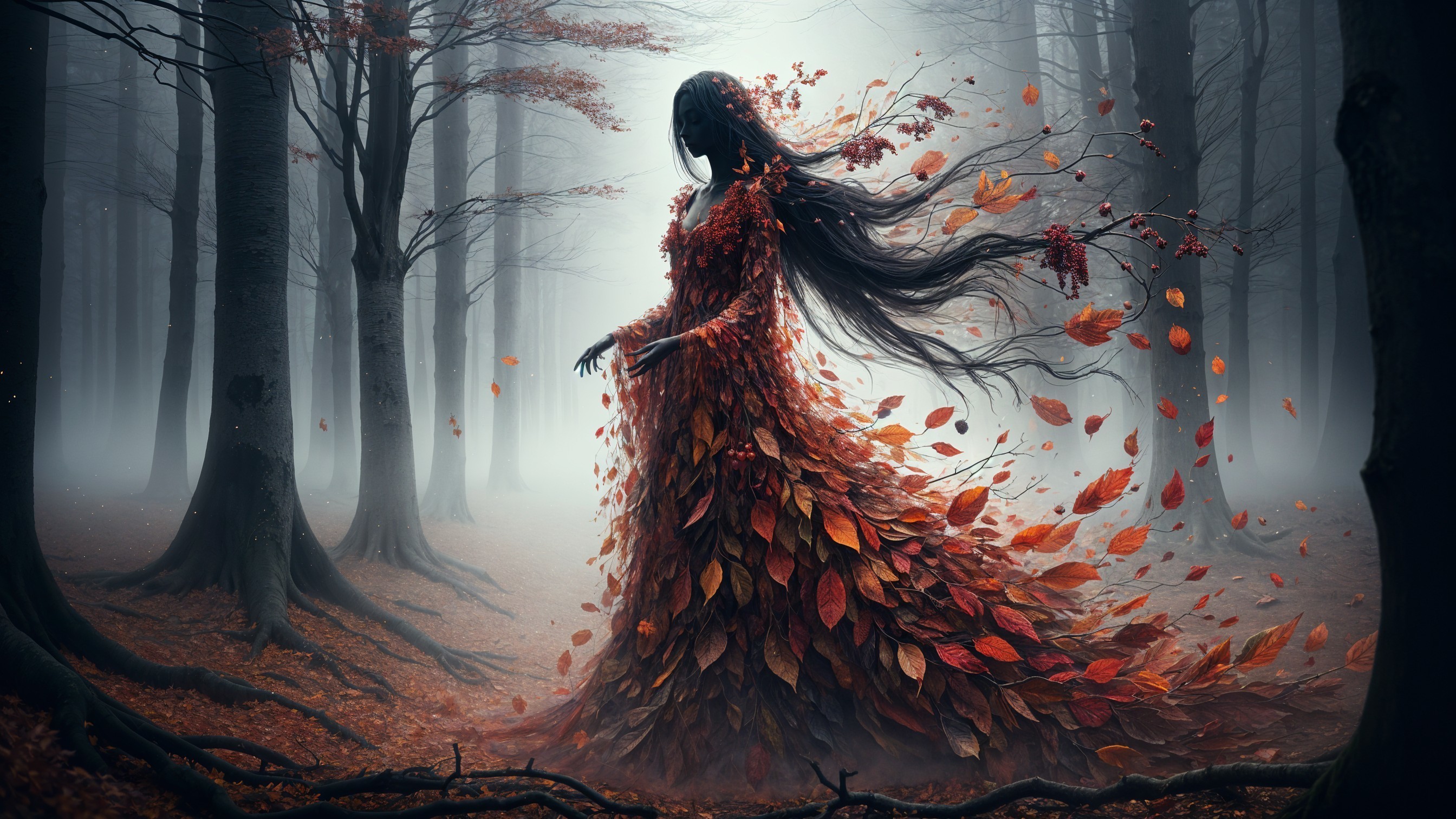 Mysterious Figure in Ethereal Autumn Forest Setting