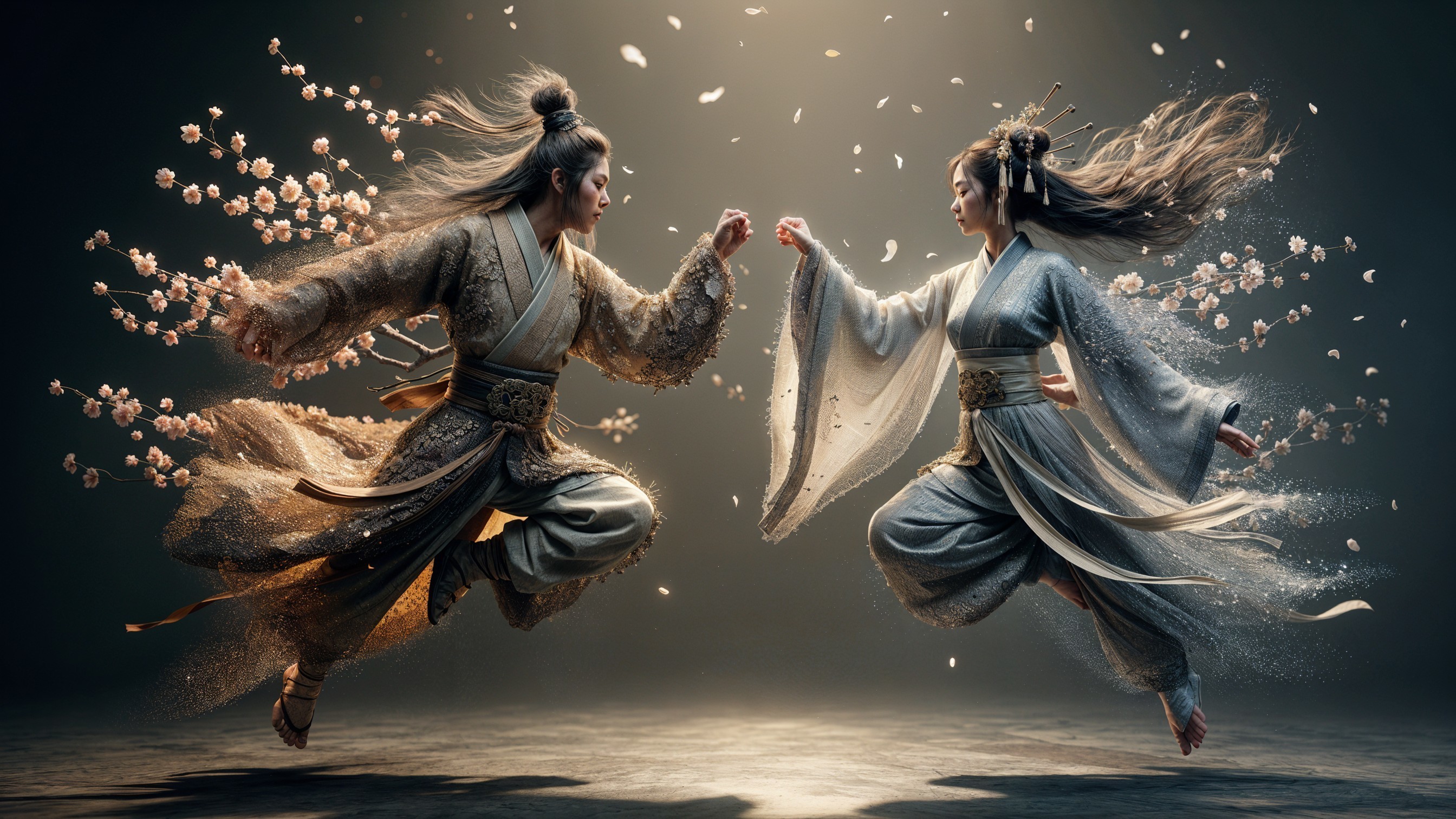 Martial Artists in Mid-Air Confrontation with Petals