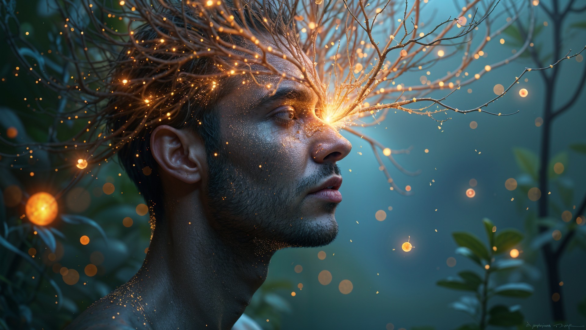 Surreal Portrait of a Young Man with Glowing Hair