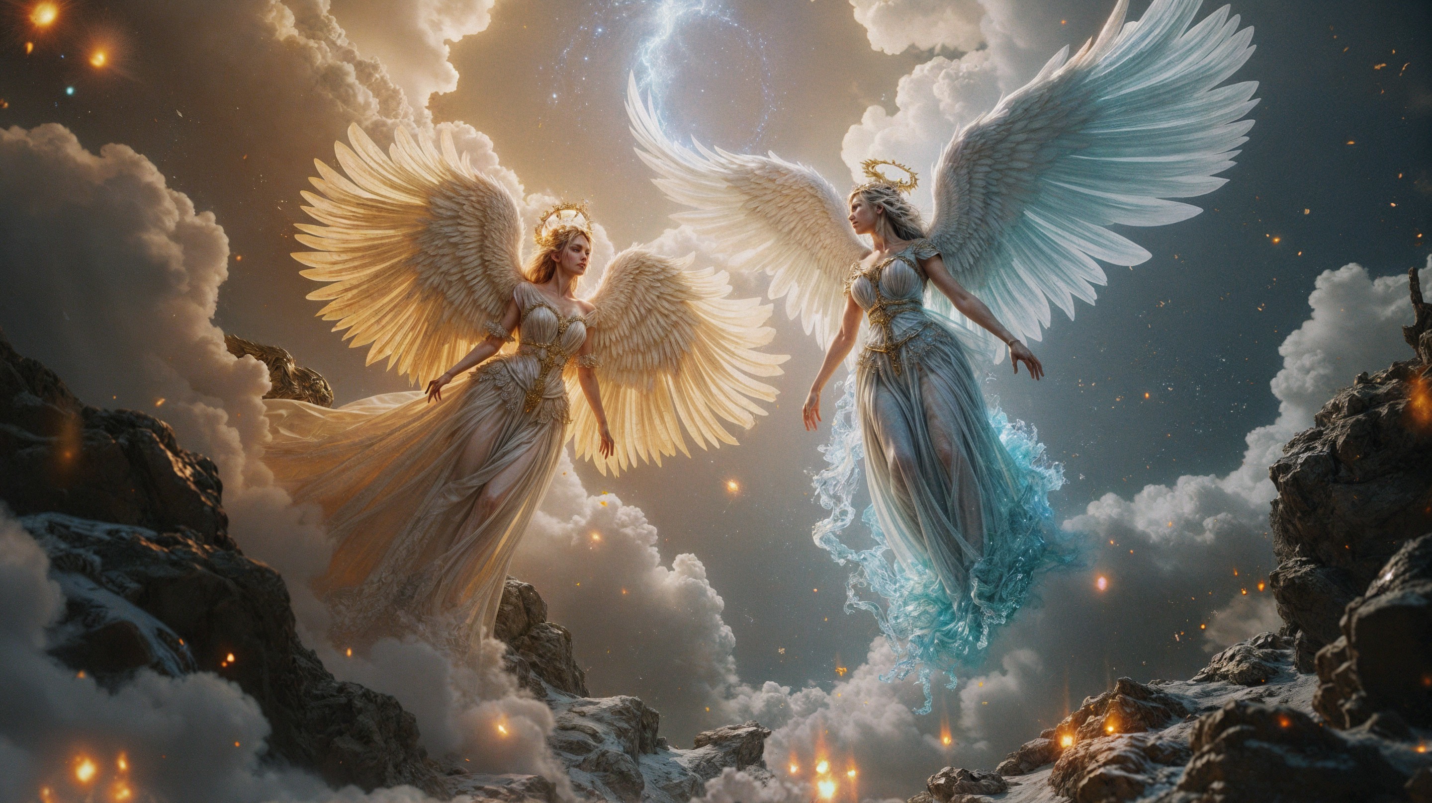 Ethereal Angels in Majestic Clouds with Shimmering Wings