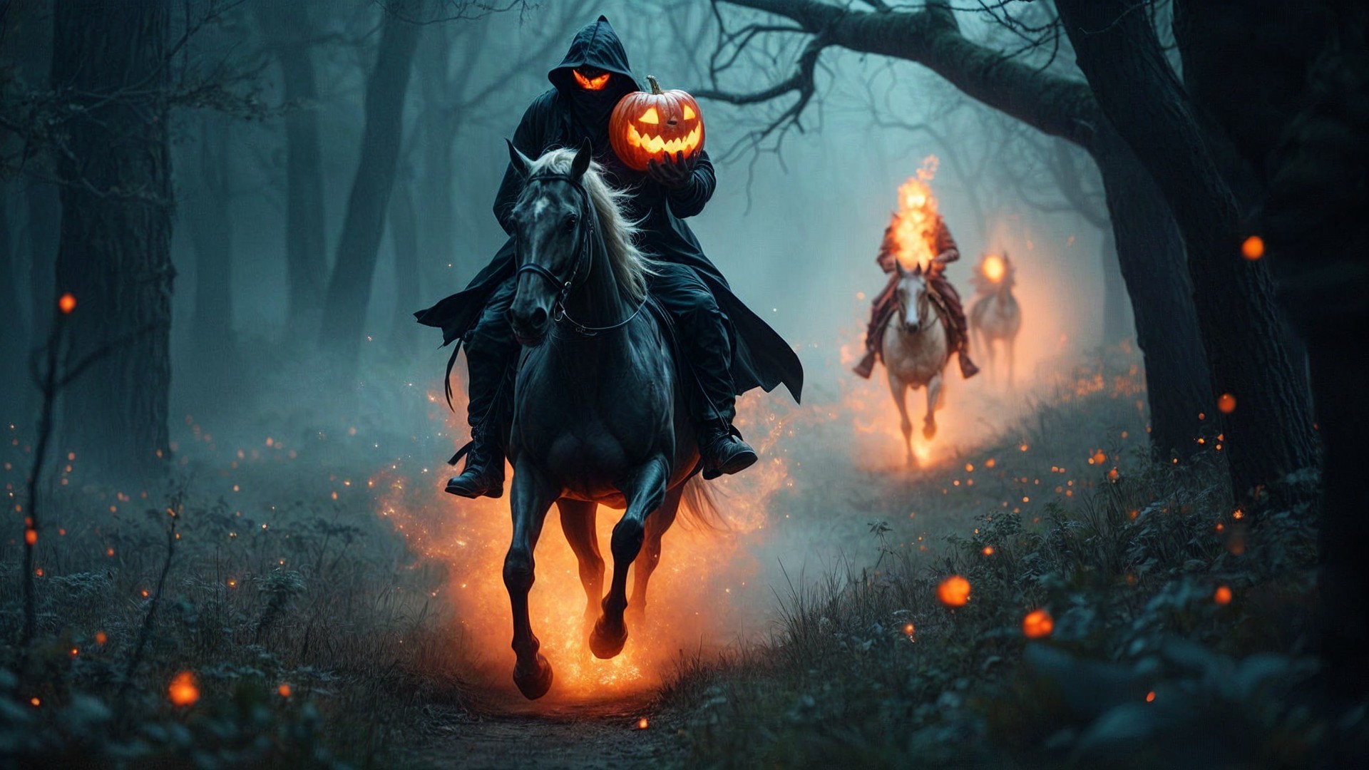 Cloaked Figure on Horse with Glowing Jack-o'-Lantern