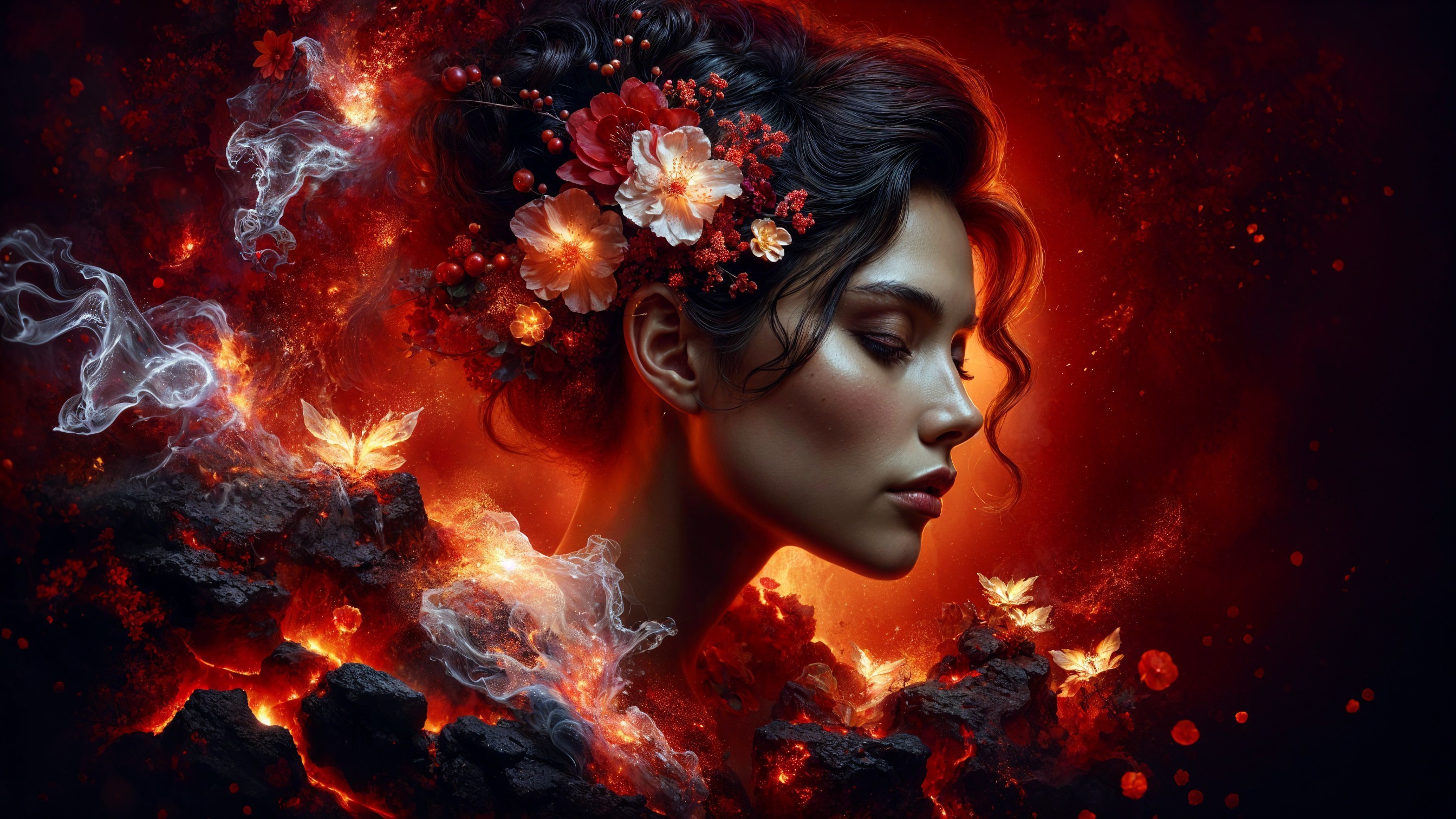 Portrait of a woman in a fiery, floral atmosphere