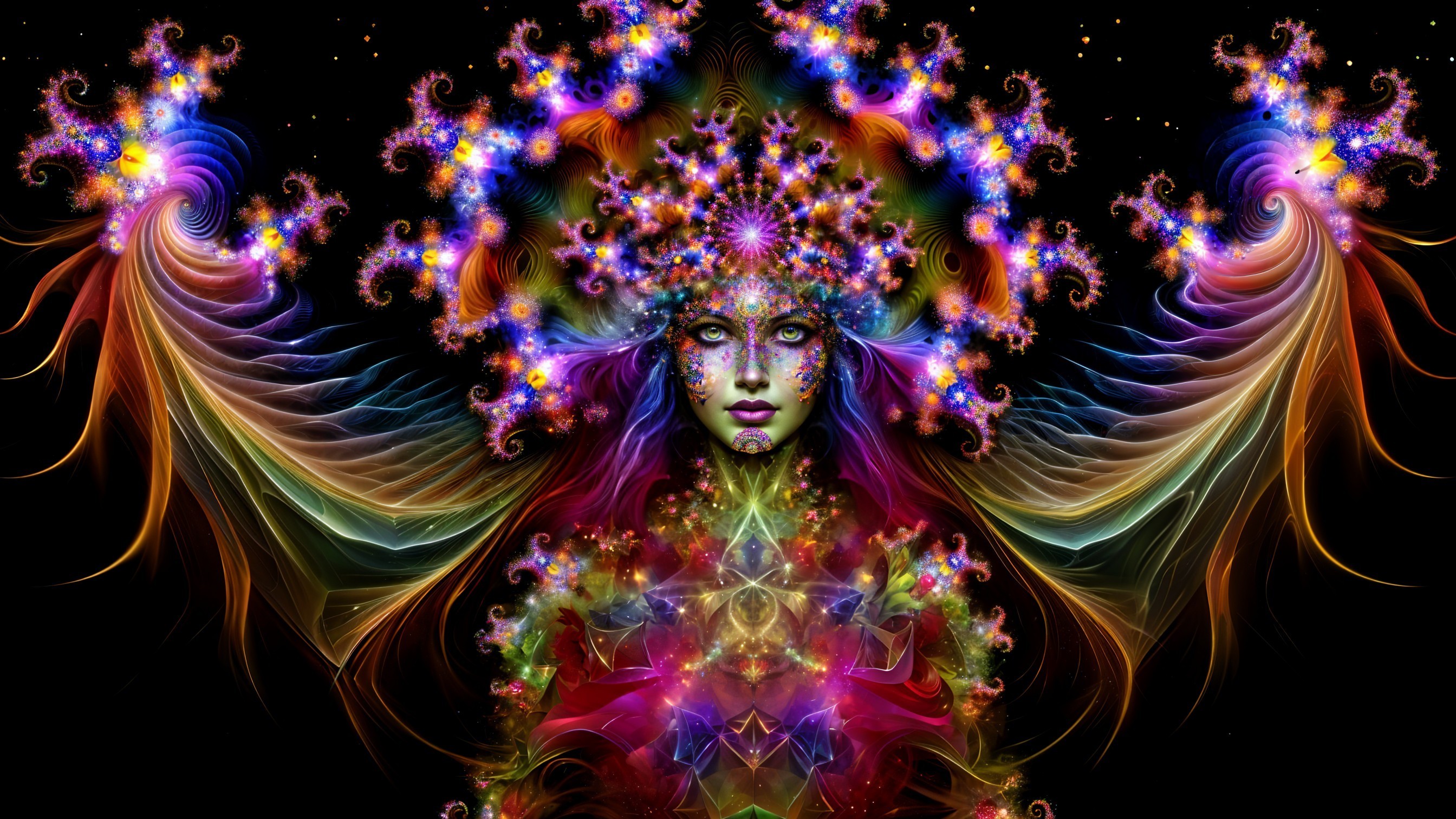 Vibrant Figure Amidst Colorful Fractal Patterns