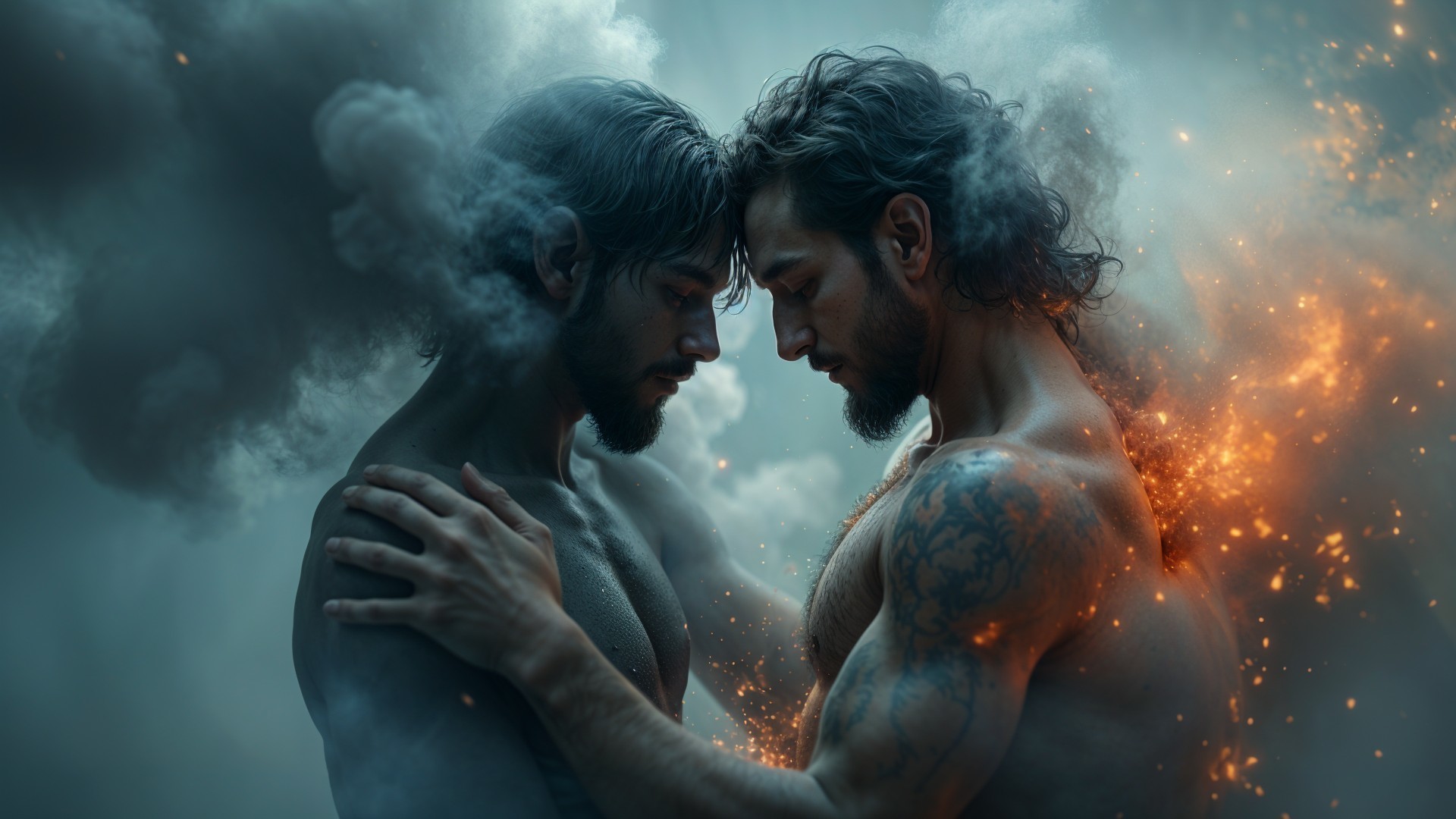 Muscular Figures in Dramatic Smoke and Light Scene