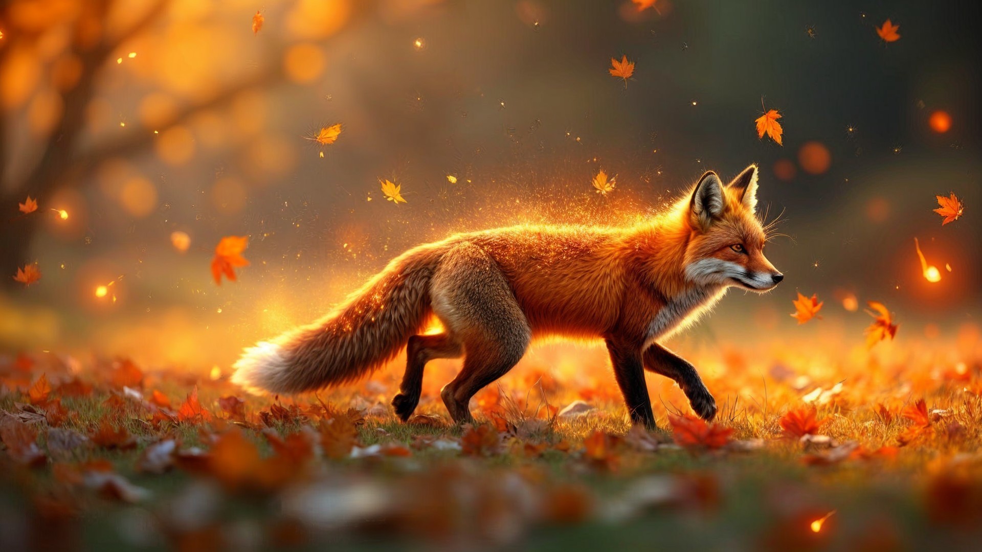 Red fox in vibrant autumn landscape with glowing leaves