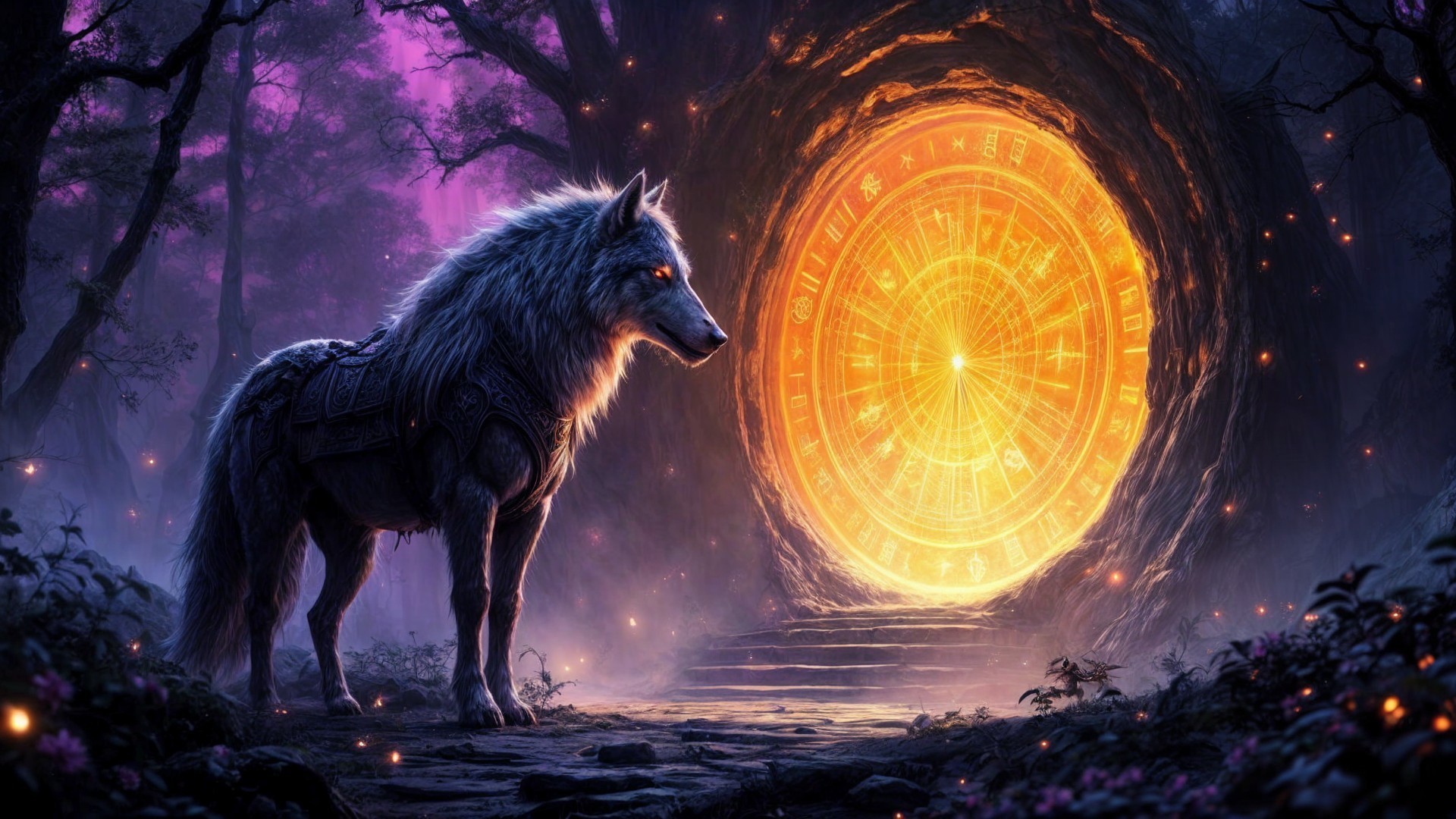 Majestic white wolf in mystical forest with portal