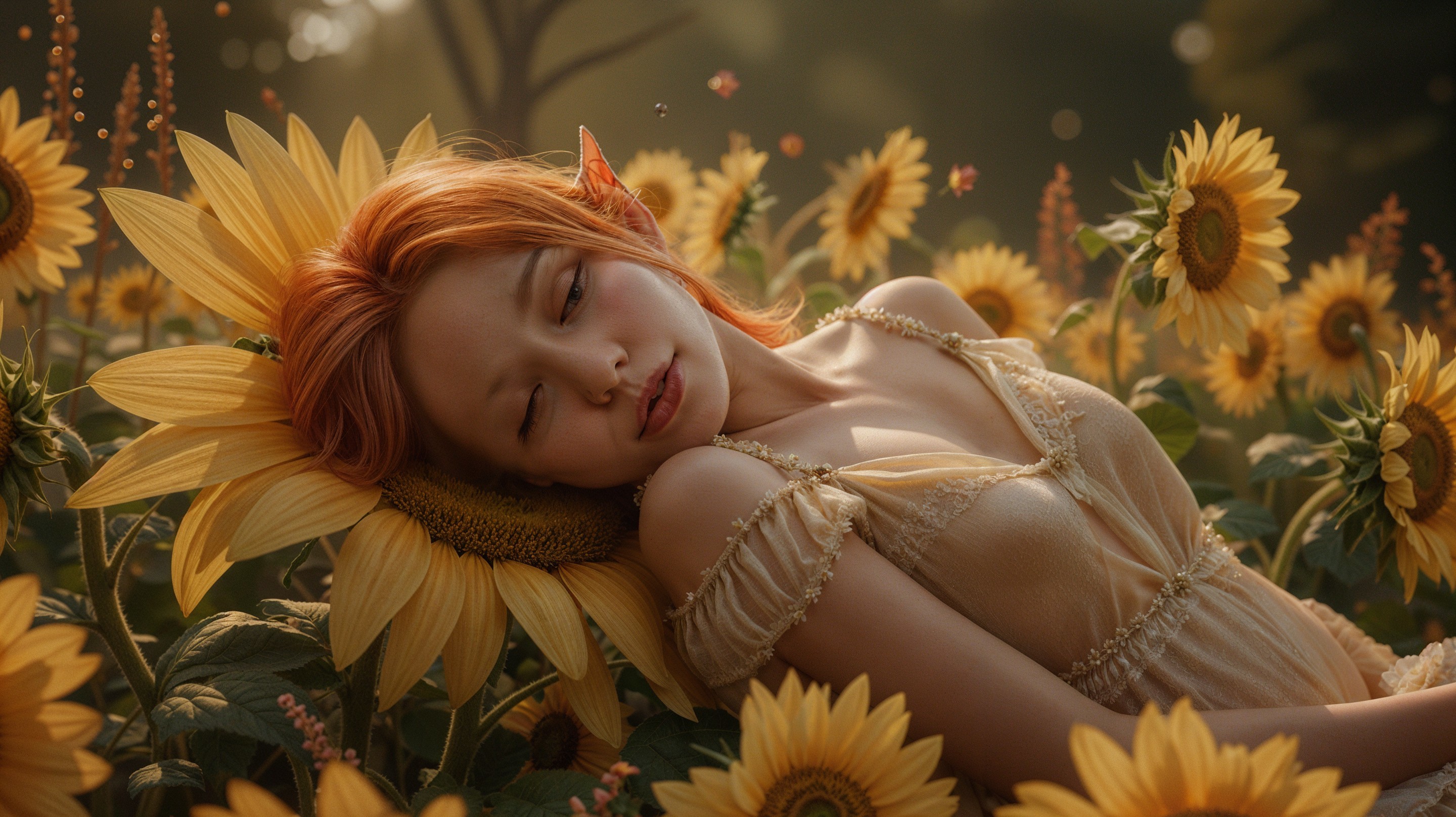 Young Woman Sleeping in a Sunflower Field