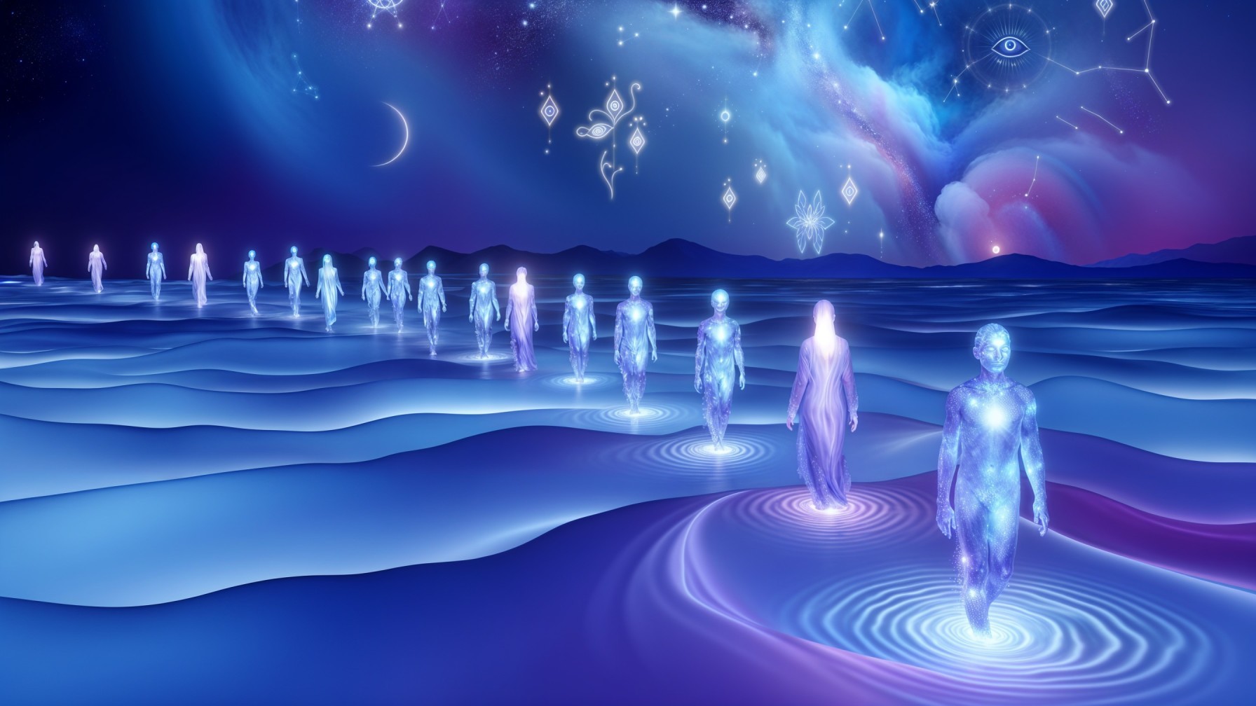 Serene Blue and Purple Landscape with Ethereal Figures