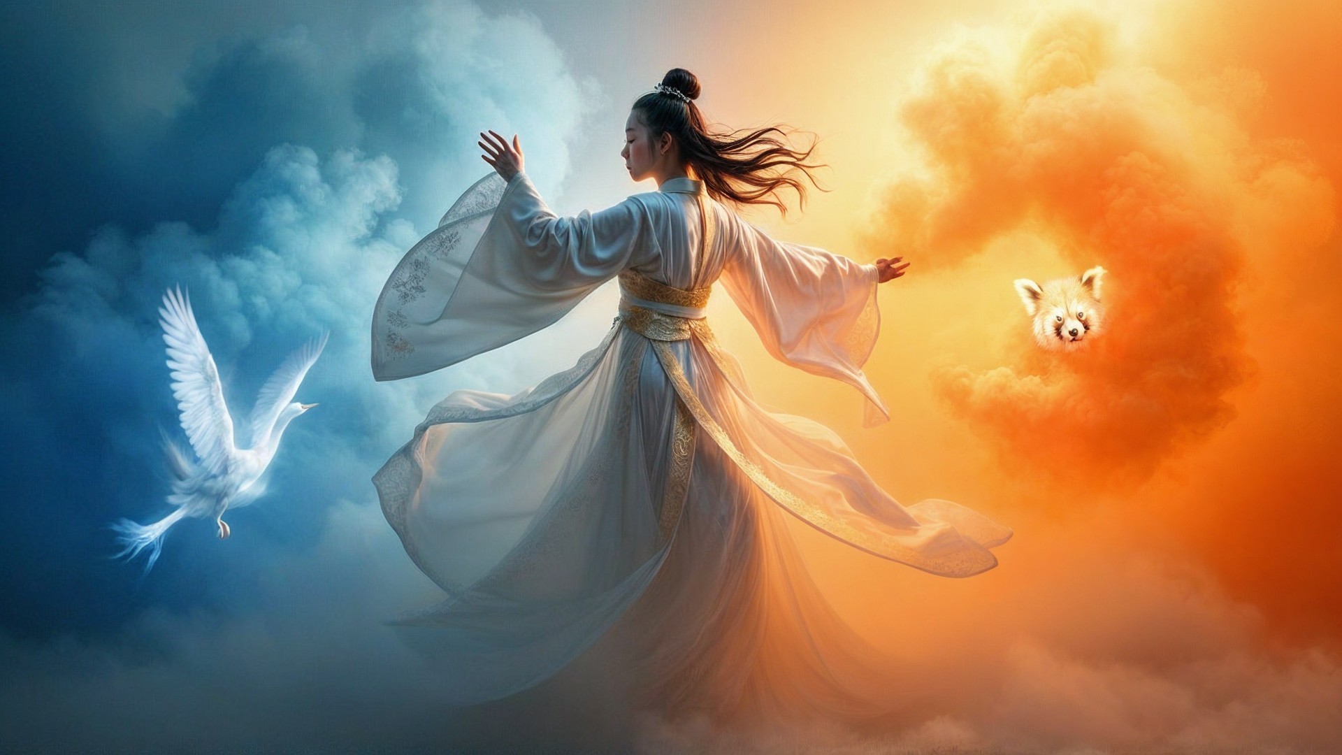 Mystical Dance in Flowing Attire Amidst Colorful Clouds