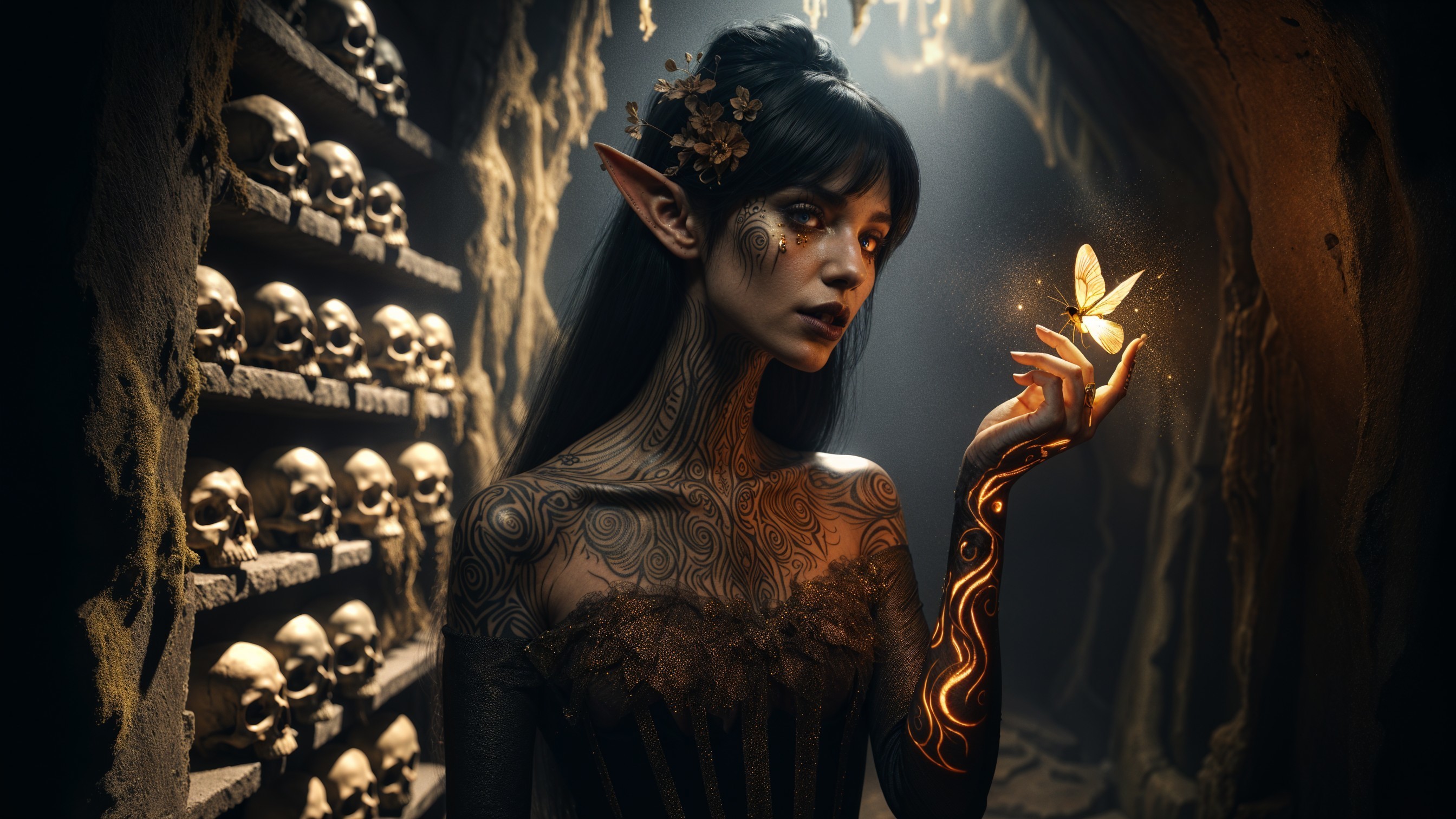 Mystical Figure in Cavern Surrounded by Golden Skulls